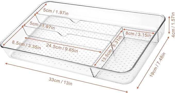 Lonian Multi-Purpose Drawer Organizer Tray, Clear PET Plastic Cutlery Utensil Divider, No-Slip Storage Box for Kitchen Drawer, Makeup, Bathroom, and Office Supplies