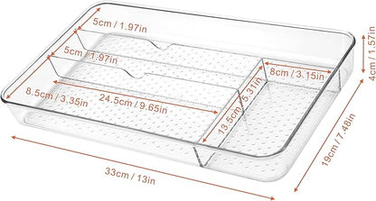 Lonian Multi-Purpose Drawer Organizer Tray, Clear PET Plastic Cutlery Utensil Divider, No-Slip Storage Box for Kitchen Drawer, Makeup, Bathroom, and Office Supplies