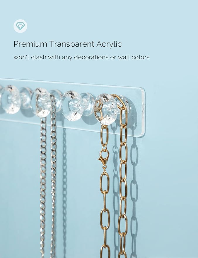 Mymazn 4 Pack Acrylic Necklaces Holder Hanging Jewelry Organizer Wall Mounted Necklace Hangers with 12 Hooks, Clear Jewelry Hangers for Necklace Organizer for Girls Women, Necklace Storage Organizer