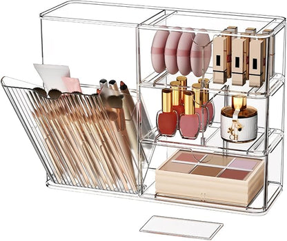 Makeup Organizer with Covered Brush Holder for Bathroom Vanity Countertop, Clear Skincare Storage with Drawers and Removable Dividers, Cosmetic Display Case for Lipsticks, Nail Polishes, Perfumes