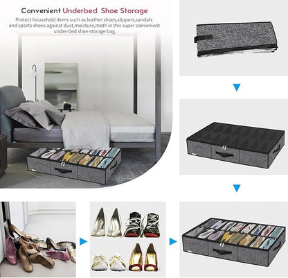 Onlyeasy Sturdy Under Bed Shoe Storage Organizer with Handles and Clear Window Fit 16 to 32 Pairs, Premium Foldable Shoes Container Box for Closet, 37.7x 23.6x 5.9 inch, Cotton-like Black, MXBUBS16P2