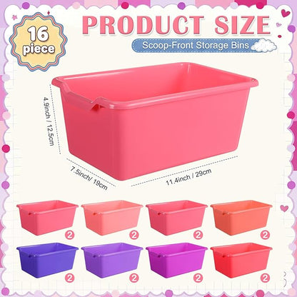 Dandat 16 Pcs Plastic Book Bins for Classroom Library Cubby Bins Scoop Front Stackable Toy Storage Tubs Containers for School Office Home Nursery Playroom Organization (Pink Series)