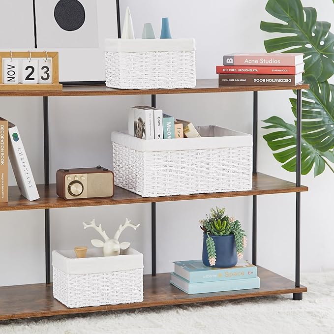 Vagusicc Wicker Basket, Set of 3 Hand-woven Storage Baskets for Organizing, Decorative Rectangle Wicker Storage Basket Bins with Handles, Small Toilet Paper Storage Baskets for Shelves & Decor, White