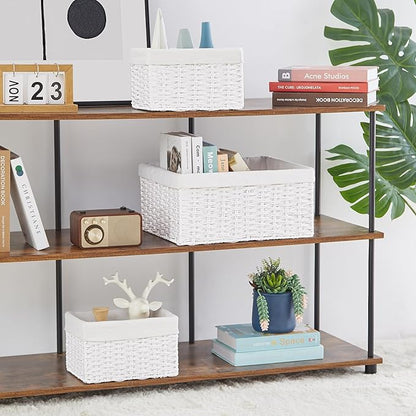Vagusicc Wicker Basket, Set of 3 Hand-woven Storage Baskets for Organizing, Decorative Rectangle Wicker Storage Basket Bins with Handles, Small Toilet Paper Storage Baskets for Shelves & Decor, White