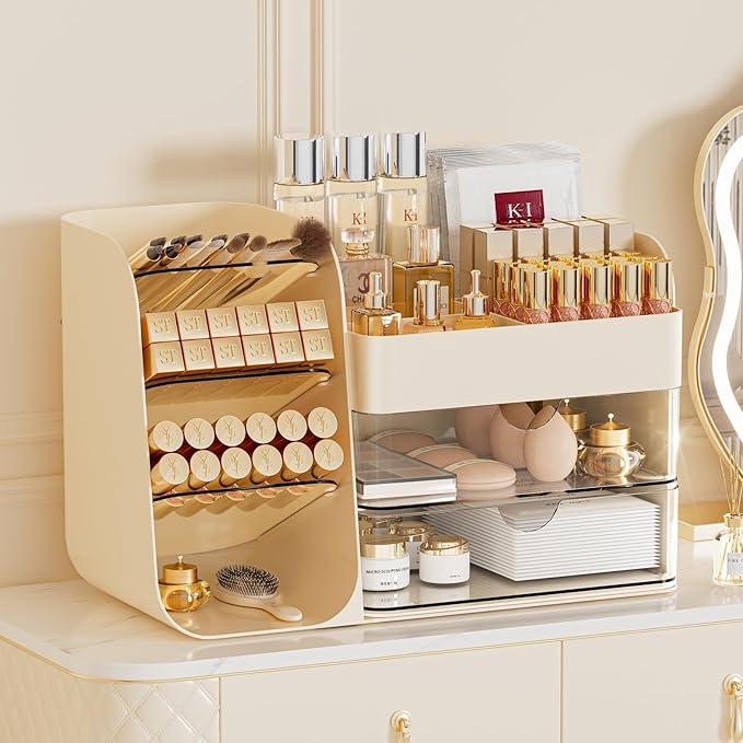Makeup Organizer with Drawers, Large Capacity Countertop Organizer for Vanity, Bathroom and Bedroom Desk Cosmetics Organizer, Easy To Storage Skincare,Brushes, Eyeshadow,Lipstick (All Cream)