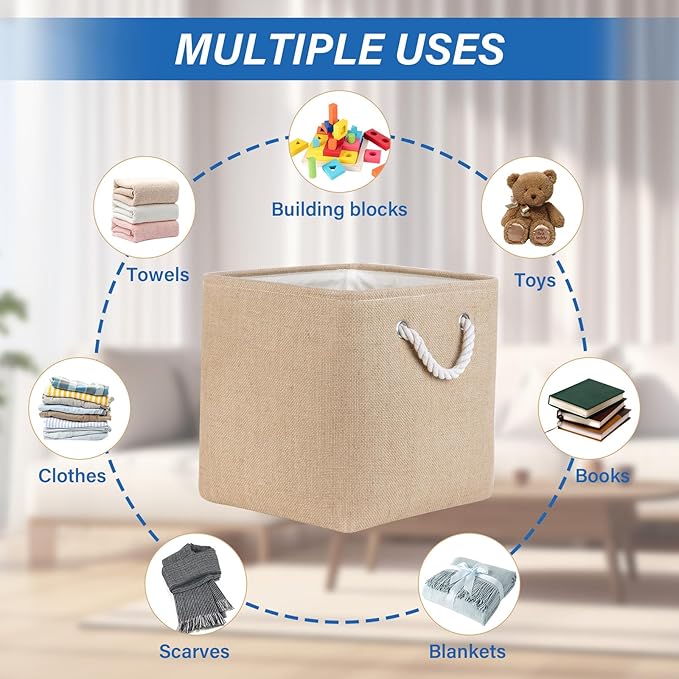 Temary Storage Baskets for Shelves 13 Inch Baskets for Gifts Empty, 4 Pack Shelf Baskets Decorative Storage Baskets Cube Collapsible Storage Bins Cubes with Handles for Storage (Linen Yellow)