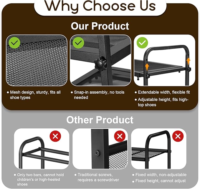 Expandable Shoe Rack for Closet - Shoe Organizer for Entryway, Adjustable Metal Shoe Storage, Stackable Long Shoe Stand Holder for Garage, Hallway, Door Entrance (Black, 2 Tier)