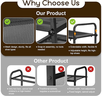 Expandable Shoe Rack for Closet - Shoe Organizer for Entryway, Adjustable Metal Shoe Storage, Stackable Long Shoe Stand Holder for Garage, Hallway, Door Entrance (Black, 2 Tier)