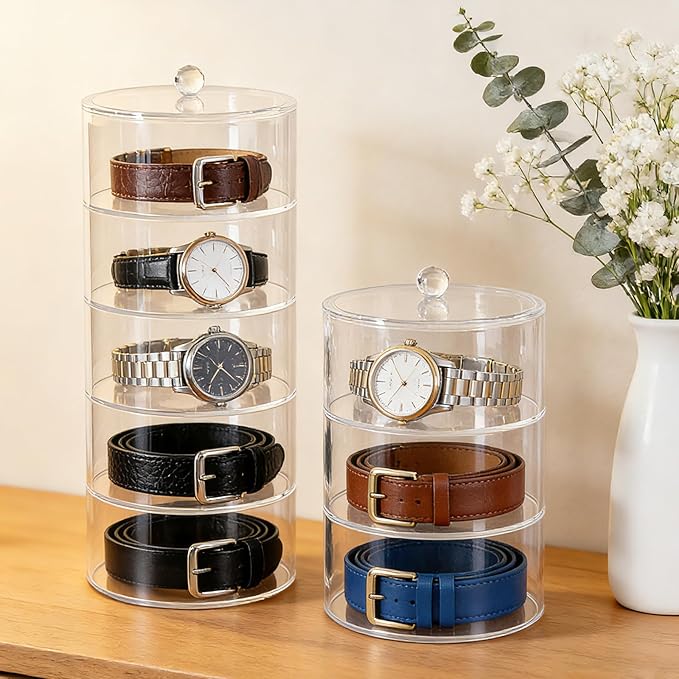 5 Layers Acrylic Belt Organizer, Stackable Storage Box Clear Display Case for Belts, Jewelry, Watches, Hair Accessories, Vanity and Closet, 2.6 Inch Height by 5.5 Inch Diameter