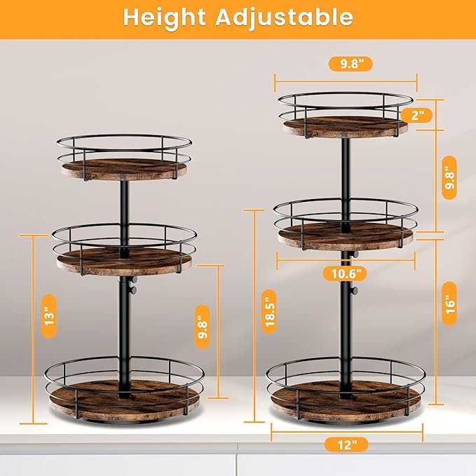 3 Tier Lazy Susan Spice Rack Organizer with Adjustable Height, 360° Rotating Spice Rack Spinning Organizer for Kitchen Bathroom Table Top Countertop Pantry, Black