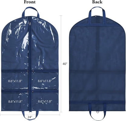 KEEGH Clear Garment Bags for Dance Costumes 40 inch Dance Garment Bags for Dancers Hanging Clothes for Closet Storage, with 4 Zipper Pockets for Dance Competitions, Ballet, Theatre, 6 Pack, Navy Blue
