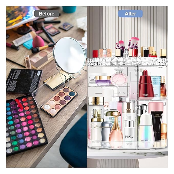 360 Rotating Makeup Organizer, DIY Adjustable Makeup Carousel Spinning Holder Rack, Large Capacity Cosmetic Brush Lipstick Storage Organizer Box for Vanity