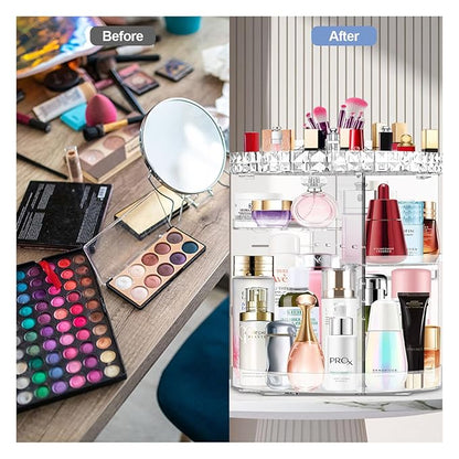 360 Rotating Makeup Organizer, DIY Adjustable Makeup Carousel Spinning Holder Rack, Large Capacity Cosmetic Brush Lipstick Storage Organizer Box for Vanity