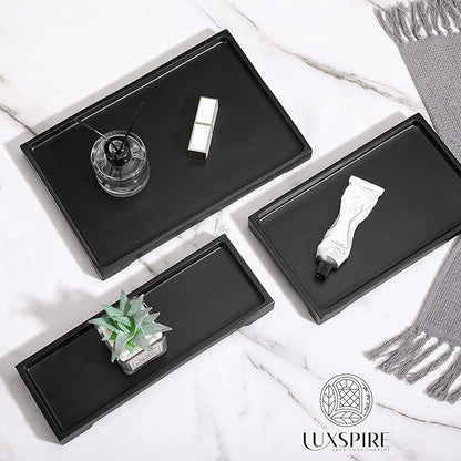 Luxspire Vanity Tray, Bathroom Tray Toilet Tank Storage Tray, Resin Kitchen Sink Trays, Vanity Countertop Organizer for Candles Soap Towel Perfume Holder Dish Decorative Serving Trays -Large- Black