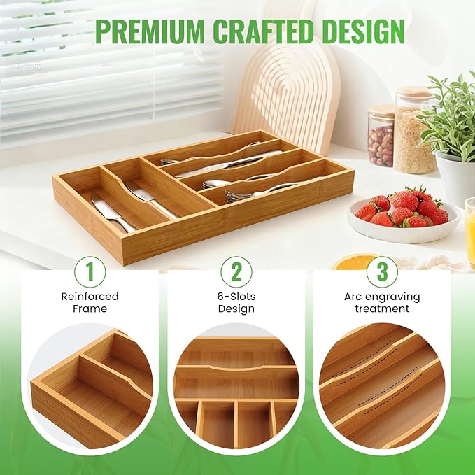 Bamboo Silverware Organizer, Bamboo Kitchen Drawer Cutlery Organizer, Utensil Holder, Flatware Organizer Tray (15.8"x9.5"x1.6")