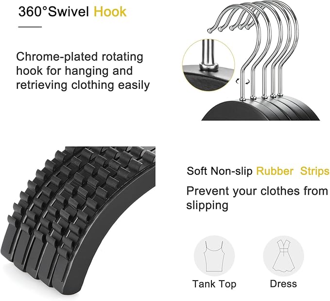 TOPIA HANGER Slim Wooden Hangers with Extra Soft Non-Slip Rubber Grips, 30-Pack High-Grade Fashion Hanger No Shoulder Bump for Sweater, Camisole, Jacket, Dress, Coat (Black)-CT15B30