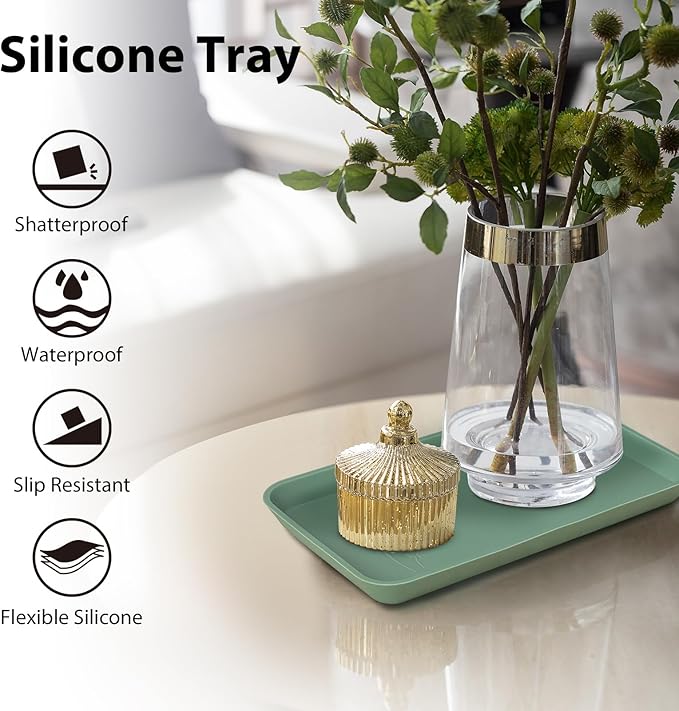 Countertop Vanity Tray, Bathroom Silicone Shatterproof Tray, Soap and Sponge Holder for Kitchen Sink Toilet Tank, Bathroom Holders for Counter, Perfume Candle Key Valet - Green