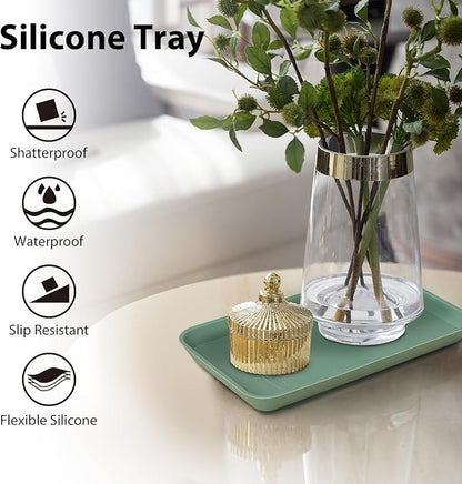 Countertop Vanity Tray, Bathroom Silicone Shatterproof Tray, Soap and Sponge Holder for Kitchen Sink Toilet Tank, Bathroom Holders for Counter, Perfume Candle Key Valet - Green