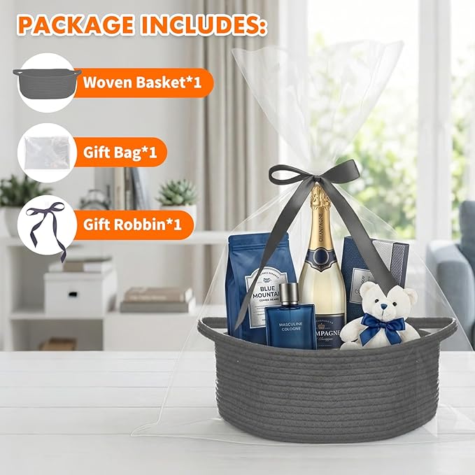 ShellKingdom Storage Basket with Handles, Empty Gift Basket with Gift Bags and Ribbon, Small Woven Baskets for Home, Nursery Storage Organizer, 12 X 8 X 5 INCH, Black