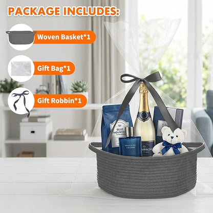 ShellKingdom Storage Basket with Handles, Empty Gift Basket with Gift Bags and Ribbon, Small Woven Baskets for Home, Nursery Storage Organizer, 12 X 8 X 5 INCH, Black