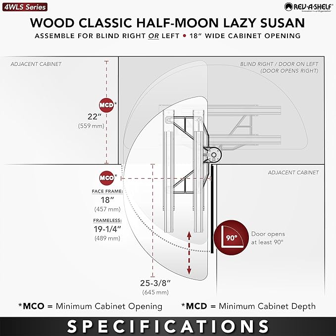 Rev-A-Shelf 38" Dual Shelf Half Moon Lazy Susan Organizer for Diagonal Blind Corner Kitchen Cabinets, Pullout Turntable Trays, Wood, 4WLS882-38-570