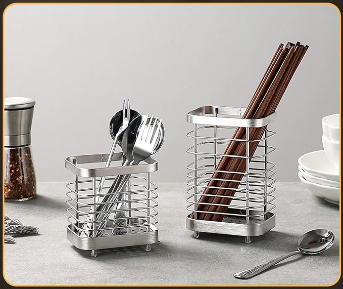 Stainless Steel Utensil Holder - Countertop Drying Caddy for Cutlery, Rust-Proof Organizer (Silver plus)