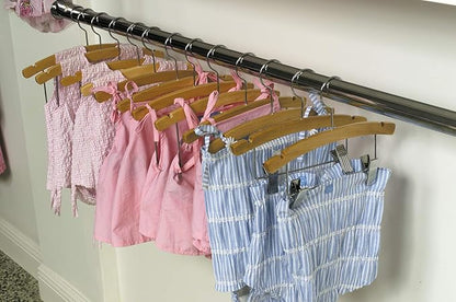 Wooden Kids Combo Hanger w/Adjustable Cushion Clips, Box of 50 12 Inch Wood Top Hangers w/Natural Finish & Chrome Swivel Hook for Childrens Clothes
