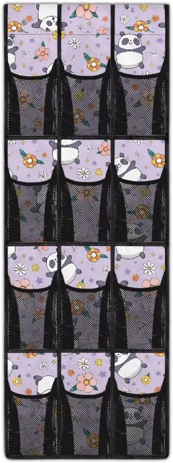 Cute Panda Shoe Organizer Over The Door 12 Pockets Wall Hanging Storage for Closet Space Saving Over The Door Shoe Organizer Flowers Shoe Holder Hanger for Living Room