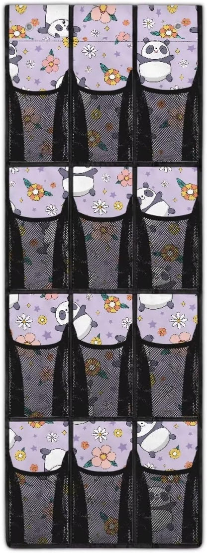 Cute Panda Shoe Organizer Over The Door 12 Pockets Wall Hanging Storage for Closet Space Saving Over The Door Shoe Organizer Flowers Shoe Holder Hanger for Living Room