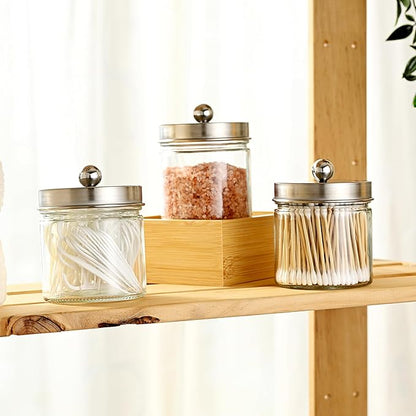 SheeChung Bathroom Organizers and Storage - 4Pack Qtip Holders Bathroom Canister Apothecary Jars for Cotton Swabs, Rounds, Balls, Qtips,Makeup Sponges, Flossers,Bath Salts - Brushed Nickel