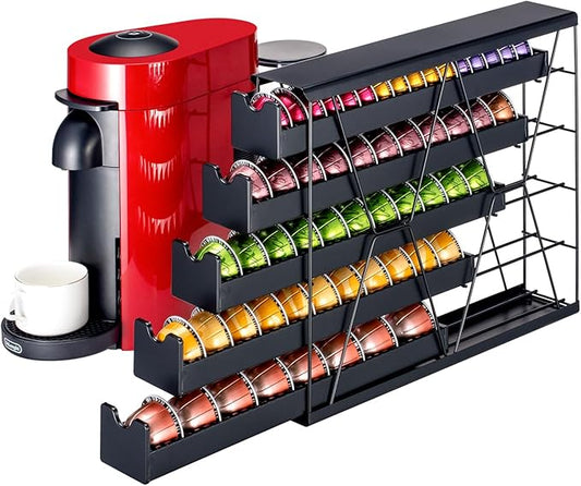 FlagShip 5-Tier Corner Coffee Pod Organizer for Nespresso Vertuo - 50+ Capsule Metal Storage, Space-Saving Kitchen Countertop Rack Wall Mountable