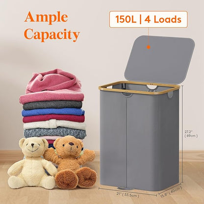 Lifewit 150L Double Laundry Hamper with Lid, Large Laundry Basket with Removable Bag & Bamboo Handles, Fodable Tall Dirty Clothes Hamper for Laundry Collapsible Bin for Bathroom Bedroom, Charcoal Gray