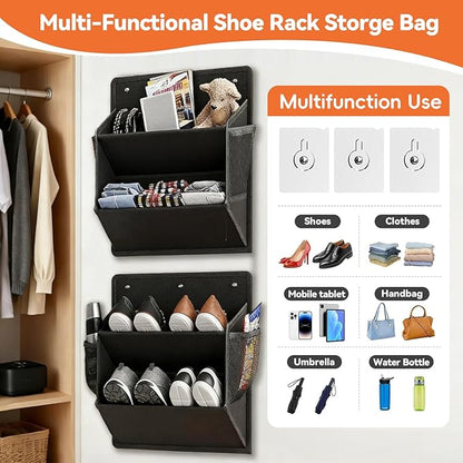 2 Pack RV Shoe Storage Organizer, Over the Door/Wall Hanging Shoe Rack with Sticky Adhesive, Large Deep Pockets for Narrow Space, Closet Camper Storage Black