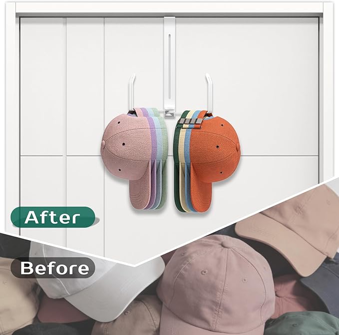 Over The Door Hat Organizer - Premium 2-in-1 Expandable Hat Hanger with Rotating Hooks for Baseball Caps - Heavy Duty Hat Rack for Closet Bedroom Travel, Space Saving, No Drilling - White
