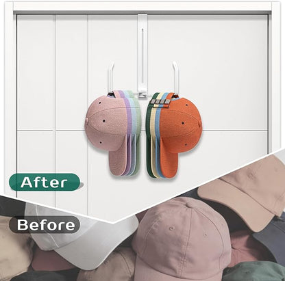 Over The Door Hat Organizer - Premium 2-in-1 Expandable Hat Hanger with Rotating Hooks for Baseball Caps - Heavy Duty Hat Rack for Closet Bedroom Travel, Space Saving, No Drilling - White
