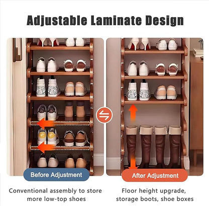 Vertical Shoe Rack 7 Tier, Bamboo Narrow Shoe Rack for Small Spaces, Freestanding Shoe Storage Organizer for Entryway Closet, Space Saving Skinny Shoe Shelf