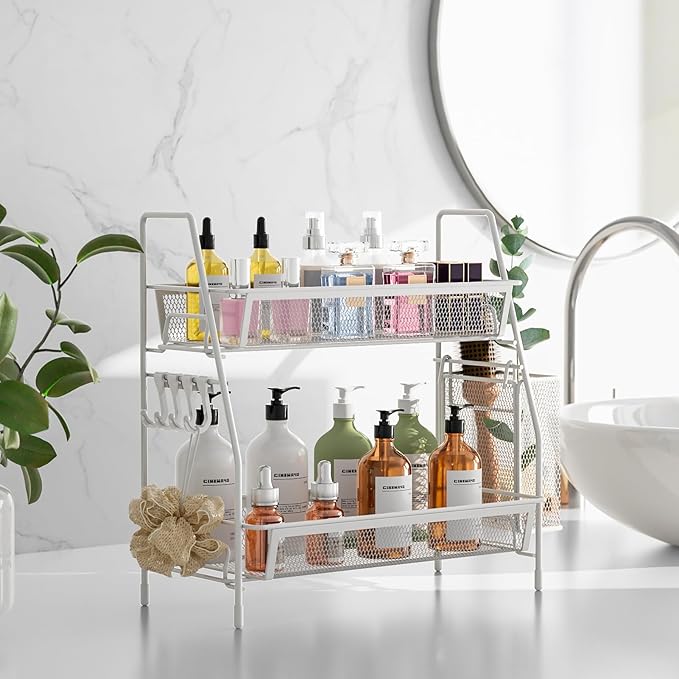 VITVITI 2-Tier Bathroom Organizer Countertop, Metal Wire Mesh Bathroom Counter Organizer Storage with Basket Hooks, Vanity Tray Shelf, Kitchen Spice Rack, Small White
