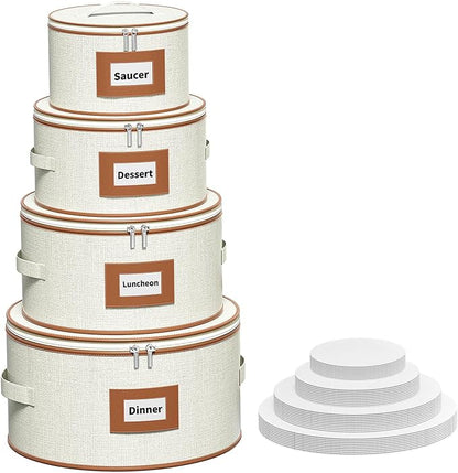 Aokeyee 4-Piece Plate Storage Box, Hard Shell Storage Containers with 48 Soft Dividers for Saucer, Dessert, Salad & Dinner Plates, Sturdy Quilted Stackable Dish Organizer for Moving & Protection,Ivory