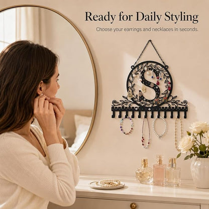 Wall-Mounted Metal Initial Letter S Earring Holder Hanging Jewelry Organizer for Earrings and Necklaces Space-Saving Wall Display with Hooks for Jewelry Storage