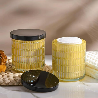Qtip Holder for Bathroom set of 2, Clear Glass Apothecary Jars with Lids, Bathroom Canisters for Cotton Balls,Swabs,Floss Picks,Hair Ties,Vanity Organizer and Storage,Vintage Decor (Yellow)
