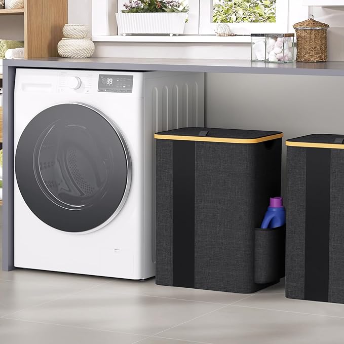 BlissTotes Laundry Basket with Lid, 80L Clothes Laundry Hamper with Handles and Removable Laundry Bag, Breathable Design Hamper with Lid for Bedroom, Bathroom, Dorm, Laundry Room - Dark Grey