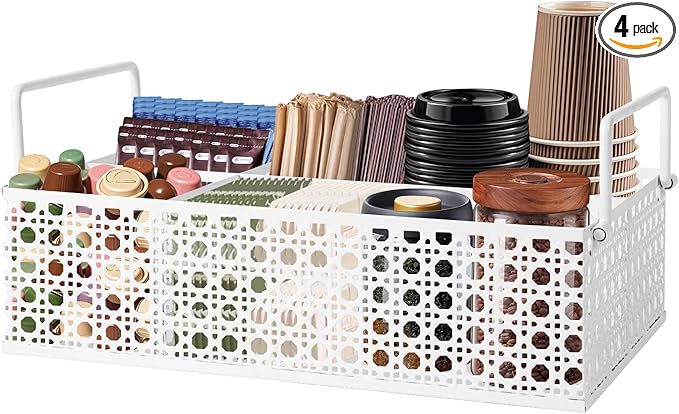Metal Coffee Bar Organizer Countertop With Handles, Station Accessories, Pods Holder, and Tea Condiment Organizer - Mesh White