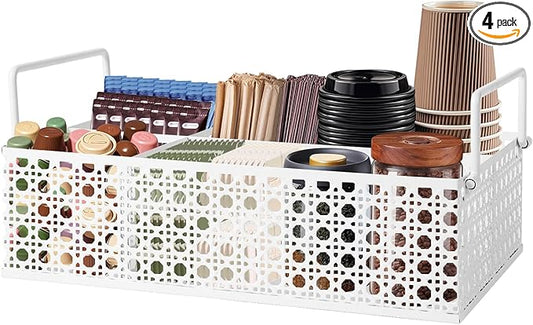 Metal Coffee Bar Organizer Countertop With Handles, Station Accessories, Pods Holder, and Tea Condiment Organizer - Mesh White