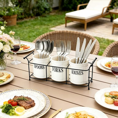 Bekith 3-Piece White Ceramic Silverware Caddy with Black Metal Rack, Utensil Holder Flatware Caddy Cutlery Storage Organizer for Kitchen Table, Cabinet or Pantry