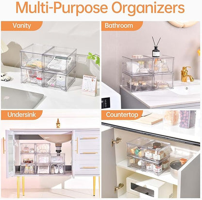 Stebopum 4 Pack Stackable Makeup Organizer, 4.4'' Tall Acrylic Bathroom Makeup Organizer and Storage Drawer with Pull-out Handle, Clear Plastic Storage Bins for Vanity,Pantry,Desk,Undersink,Kitchen