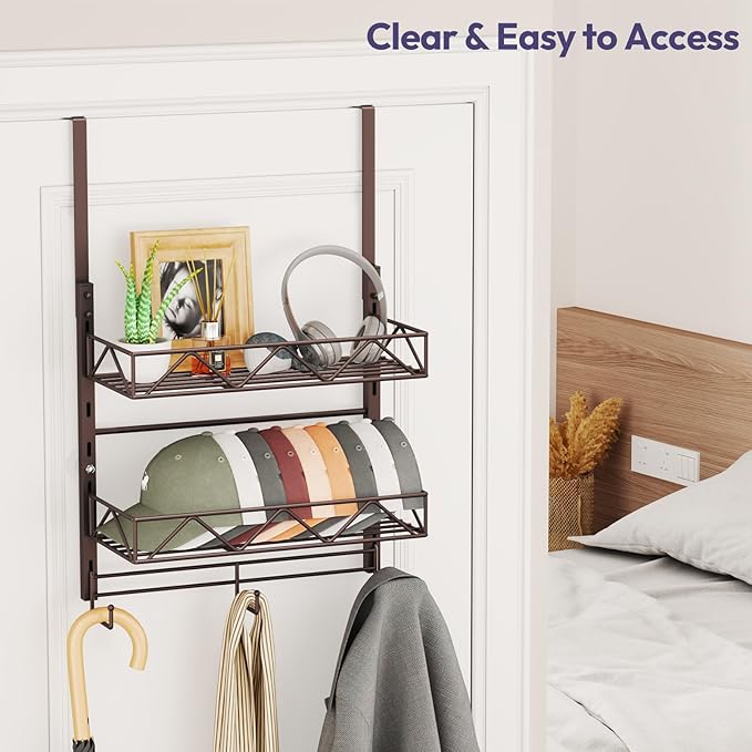 SWTYMIKI Over Door Hat Organizer - 3 Tier Wall Mounted Hat Rack with 2 Adjustable Metal Basket and 3 Hooks, Hanging Baseball Cap Organizer Storage Holds up to 29 Caps for Door, Bedroom, Closet