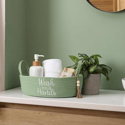 Wash Your Hands Bathroom Decoration Green Cotton Rope Toilet Basket Toilet Paper Holder Basket Rustic Bathroom Organizer Farmhouse Home Decoration Organizing Small Baskets