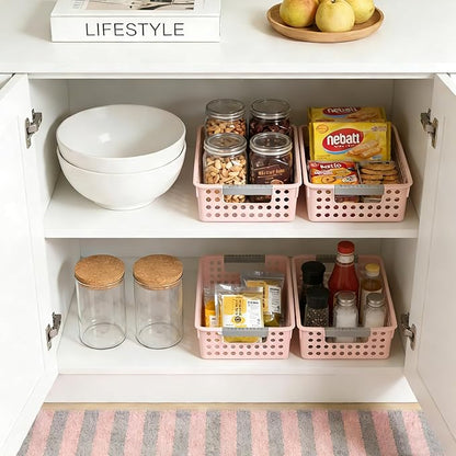 Soddeph 4 Pack Small Plastic Storage Baskets for Organizing, Stackable Bins with Handles for Shelves, Multipurpose Drawer Trays(Pink)