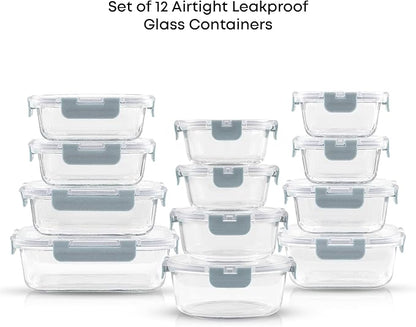 JoyJolt 24pc Borosilicate Glass Storage Containers with Lids | 12 Airtight/Freezer Safe Food Storage Containers for Pantry and Kitchen | Meal Prep Container for Lunch | Glass Tupperware Set