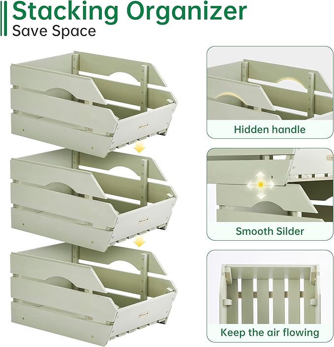 Wood Potato Onion Storage Bins - Wooden Stackable Produce Basket - Fruit Vegetable Storage for Kitchen Pantry Organization, Set 3 Pieces